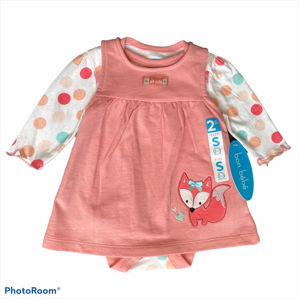 NWT Bon Bebe Baby Girl Onesie and Dress Set 0-3mo.